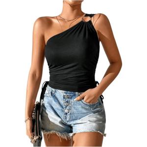 imageSHENHE Womens One Shoulder Ring Linked Ruched Drawstring Side Sleeveless Crop TopBlack