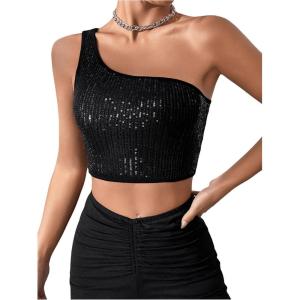 imageSHENHE Womens One Shoulder Sleeveless Sequin Glitter Party Cropped Tank Crop TopsBlack