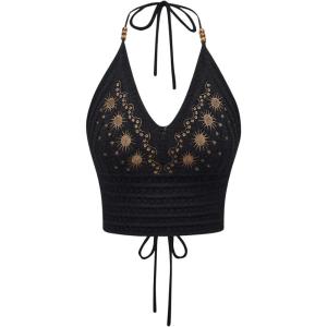 imageSHENHE Womens Open Back Knitted Halter Crop Top Tie Backless Embroidered Hippie TopBlack
