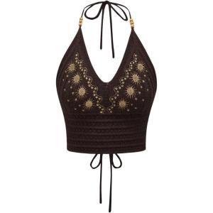 imageSHENHE Womens Open Back Knitted Halter Crop Top Tie Backless Embroidered Hippie TopCoffee Brown