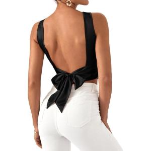 imageSHENHE Womens Satin Crop Top Ruched Tie Bow Tops Sexy Boat Neck Open Back Sparkle Silk Blouse Going OutBlack