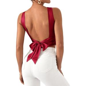 imageSHENHE Womens Satin Crop Top Ruched Tie Bow Tops Sexy Boat Neck Open Back Sparkle Silk Blouse Going OutBurgundy