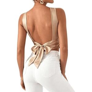 imageSHENHE Womens Satin Crop Top Ruched Tie Bow Tops Sexy Boat Neck Open Back Sparkle Silk Blouse Going OutChampagne