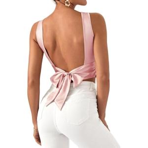 imageSHENHE Womens Satin Crop Top Ruched Tie Bow Tops Sexy Boat Neck Open Back Sparkle Silk Blouse Going OutPink