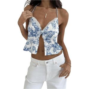 imageSHENHE Womens Sexy Halter Top Floral Sleeveless Contrast Lace Summer Backless Cami Crop TopBlue and White