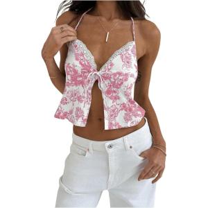 imageSHENHE Womens Sexy Halter Top Floral Sleeveless Contrast Lace Summer Backless Cami Crop TopPink