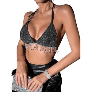 imageSHENHE Womens Sexy Sequin Halter Backless Rhinestone Fringe Glitter Party Club Crop TopBlack
