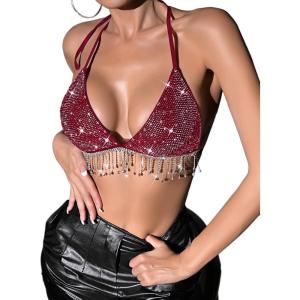 imageSHENHE Womens Sexy Sequin Halter Backless Rhinestone Fringe Glitter Party Club Crop TopBurgundy