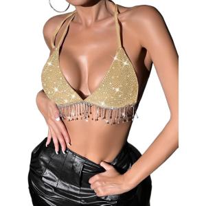 imageSHENHE Womens Sexy Sequin Halter Backless Rhinestone Fringe Glitter Party Club Crop TopChampagne