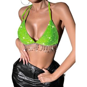 imageSHENHE Womens Sexy Sequin Halter Backless Rhinestone Fringe Glitter Party Club Crop TopNeon Green
