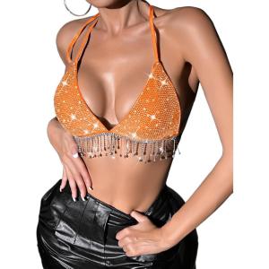 imageSHENHE Womens Sexy Sequin Halter Backless Rhinestone Fringe Glitter Party Club Crop TopOrange
