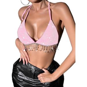 imageSHENHE Womens Sexy Sequin Halter Backless Rhinestone Fringe Glitter Party Club Crop TopPink