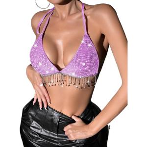 imageSHENHE Womens Sexy Sequin Halter Backless Rhinestone Fringe Glitter Party Club Crop TopPurple