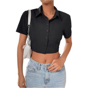 imageSHENHE Womens Short Sleeve Button Up Shirt Casual Collared Cropped Button Down TopBlack
