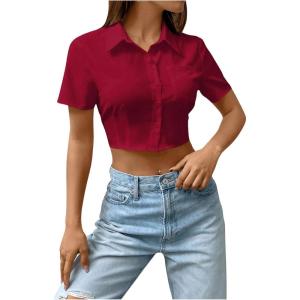 imageSHENHE Womens Short Sleeve Button Up Shirt Casual Collared Cropped Button Down TopBurgundy