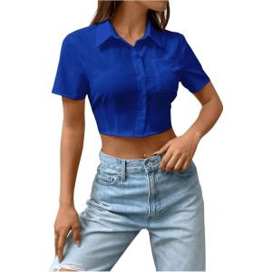 imageSHENHE Womens Short Sleeve Button Up Shirt Casual Collared Cropped Button Down TopRoyal Blue