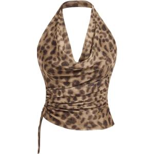 imageSHENHE Womens Tie Dye Halter Neck Draped Front Ruched Drawstring Backless Crop TopMocha Brown
