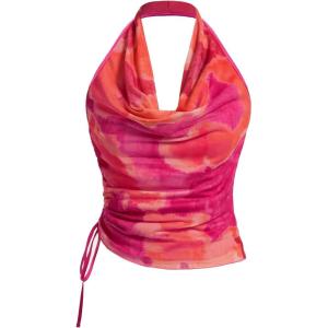 imageSHENHE Womens Tie Dye Halter Neck Draped Front Ruched Drawstring Backless Crop TopPink