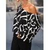 imageSHENHE Womens Asymmetrical Neck Letter Print Lantern Long Sleeve Blouse Shirt Tops Black and White XL
