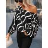 imageSHENHE Womens Asymmetrical Neck Letter Print Lantern Long Sleeve Blouse Shirt Tops Black and White XL