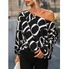 imageSHENHE Womens Asymmetrical Neck Letter Print Lantern Long Sleeve Blouse Shirt Tops Black and White XL