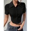 imageSHENHE Womens Button Up Short Sleeve Collared Asymmetrical Cropped Shirt Top BlouseBlack