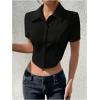 imageSHENHE Womens Button Up Short Sleeve Collared Asymmetrical Cropped Shirt Top BlouseBlack