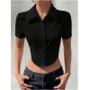 imageSHENHE Womens Button Up Short Sleeve Collared Asymmetrical Cropped Shirt Top BlouseBlack