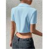 imageSHENHE Womens Button Up Short Sleeve Collared Asymmetrical Cropped Shirt Top BlouseBlue