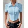 imageSHENHE Womens Button Up Short Sleeve Collared Asymmetrical Cropped Shirt Top BlouseBlue