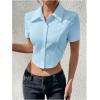 imageSHENHE Womens Button Up Short Sleeve Collared Asymmetrical Cropped Shirt Top BlouseBlue