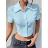 imageSHENHE Womens Button Up Short Sleeve Collared Asymmetrical Cropped Shirt Top BlouseBlue