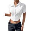 imageSHENHE Womens Button Up Short Sleeve Collared Asymmetrical Cropped Shirt Top BlouseWhite