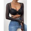 imageSHENHE Womens Floral Lace Sweetheart Neck Criss Cross Long Sleeve Sexy Crop Mesh Tee TopBlack