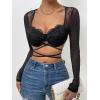 imageSHENHE Womens Floral Lace Sweetheart Neck Criss Cross Long Sleeve Sexy Crop Mesh Tee TopBlack