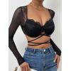 imageSHENHE Womens Floral Lace Sweetheart Neck Criss Cross Long Sleeve Sexy Crop Mesh Tee TopBlack