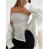 imageSHENHE Womens Strapless Asymmetrical Textured Tube Top Ruched Split Hem Bandeau TopStriped Black White