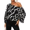 imageSHENHE Womens Asymmetrical Neck Letter Print Lantern Long Sleeve Blouse Shirt Tops Black and White XL