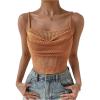 imageSHENHE Womens Crochet See Through Hollow Out Square Neck Sleeveless Backless Draped Crop Cami TopDark Camel