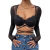 imageSHENHE Womens Floral Lace Sweetheart Neck Criss Cross Long Sleeve Sexy Crop Mesh Tee TopBlack