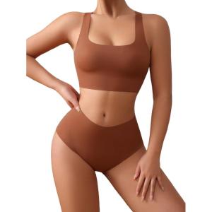 imageSHENHE Womens 2 Piece Seamless No Show Lingerie Set Racerback Bra and High Waisted UnderwearBrown
