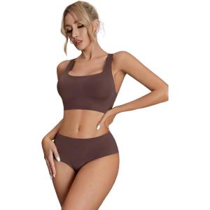 imageSHENHE Womens 2 Piece Seamless No Show Lingerie Set Racerback Bra and High Waisted UnderwearCoffee Brown