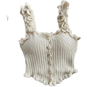 imageSHENHE Womens Asymmetrical Frilled Wide Strap Tank Top Button Down Crop Knit TopApricot