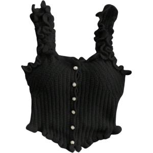 imageSHENHE Womens Asymmetrical Frilled Wide Strap Tank Top Button Down Crop Knit TopBlack