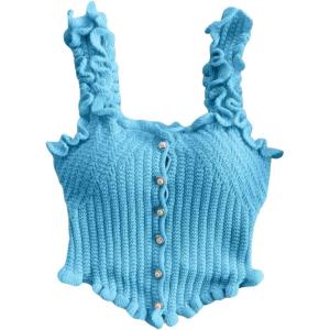 imageSHENHE Womens Asymmetrical Frilled Wide Strap Tank Top Button Down Crop Knit TopBlue