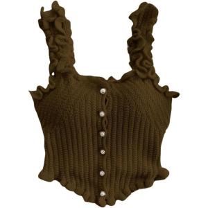 imageSHENHE Womens Asymmetrical Frilled Wide Strap Tank Top Button Down Crop Knit TopCoffee Brown