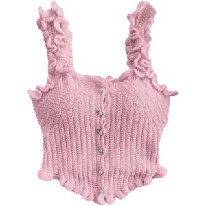 imageSHENHE Womens Asymmetrical Frilled Wide Strap Tank Top Button Down Crop Knit TopPink