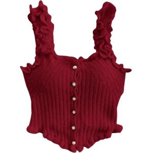 imageSHENHE Womens Asymmetrical Frilled Wide Strap Tank Top Button Down Crop Knit TopRed