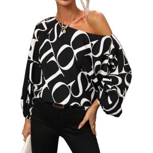imageSHENHE Womens Asymmetrical Neck Letter Print Lantern Long Sleeve Blouse Shirt Tops Black and White XL