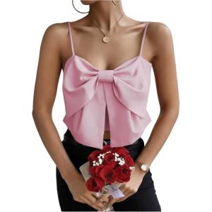 imageSHENHE Womens Bow Front Sleeveless Spaghetti Strap Shirred Cami Tank Crop TopsLight Pink